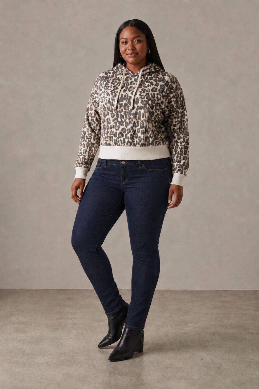 Women’s Leopard Print Cropped Pullover Hoodie Cream Brown Long Sleeve